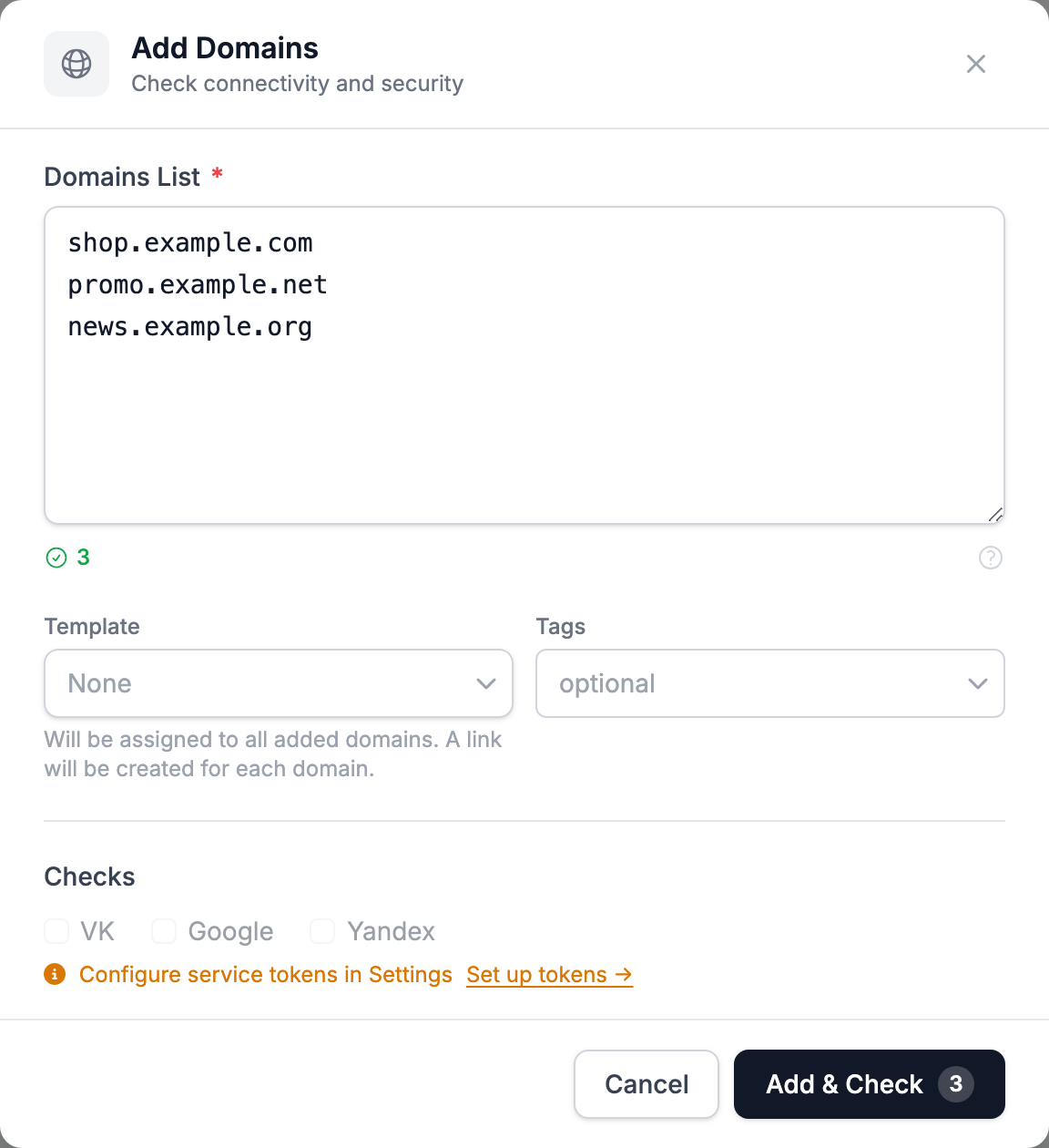 The Add Domains window