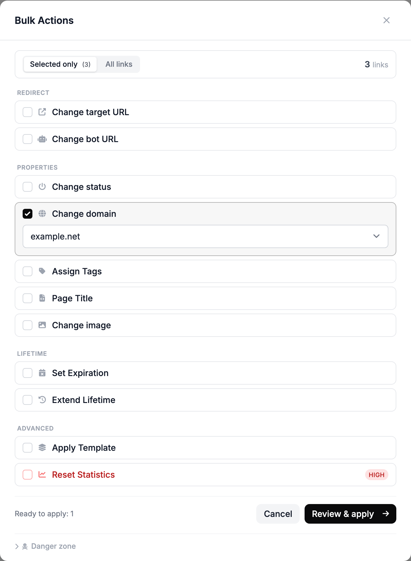 Bulk actions: Change domain