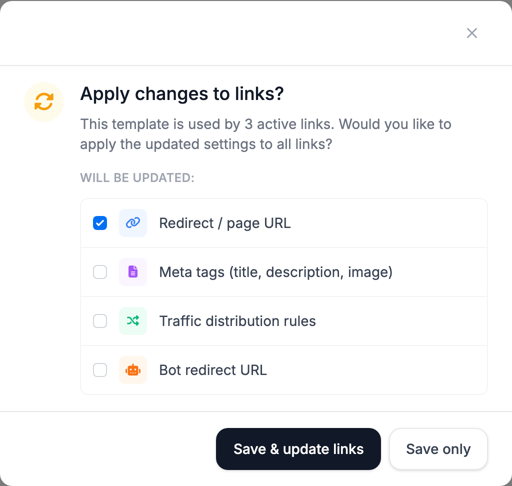 The Apply changes to links? window with one checkbox checked