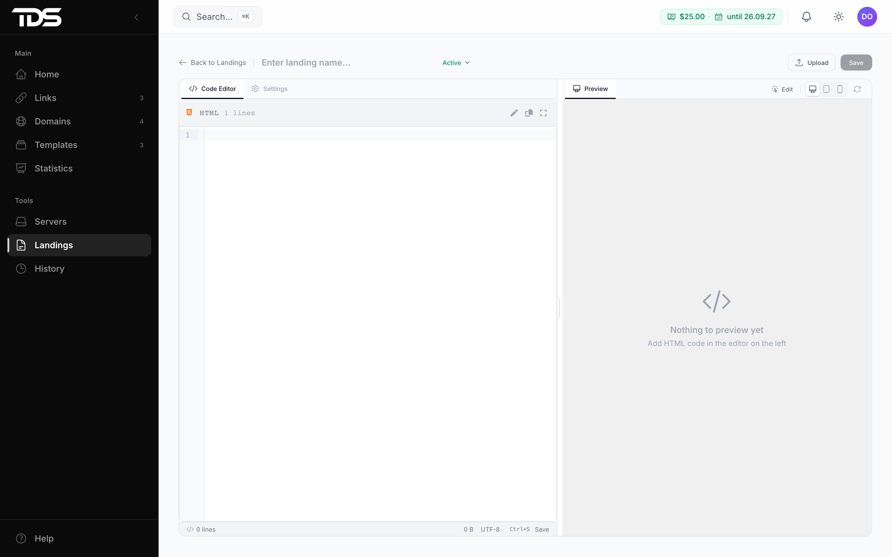 Landing page editor: code on the left, preview on the right