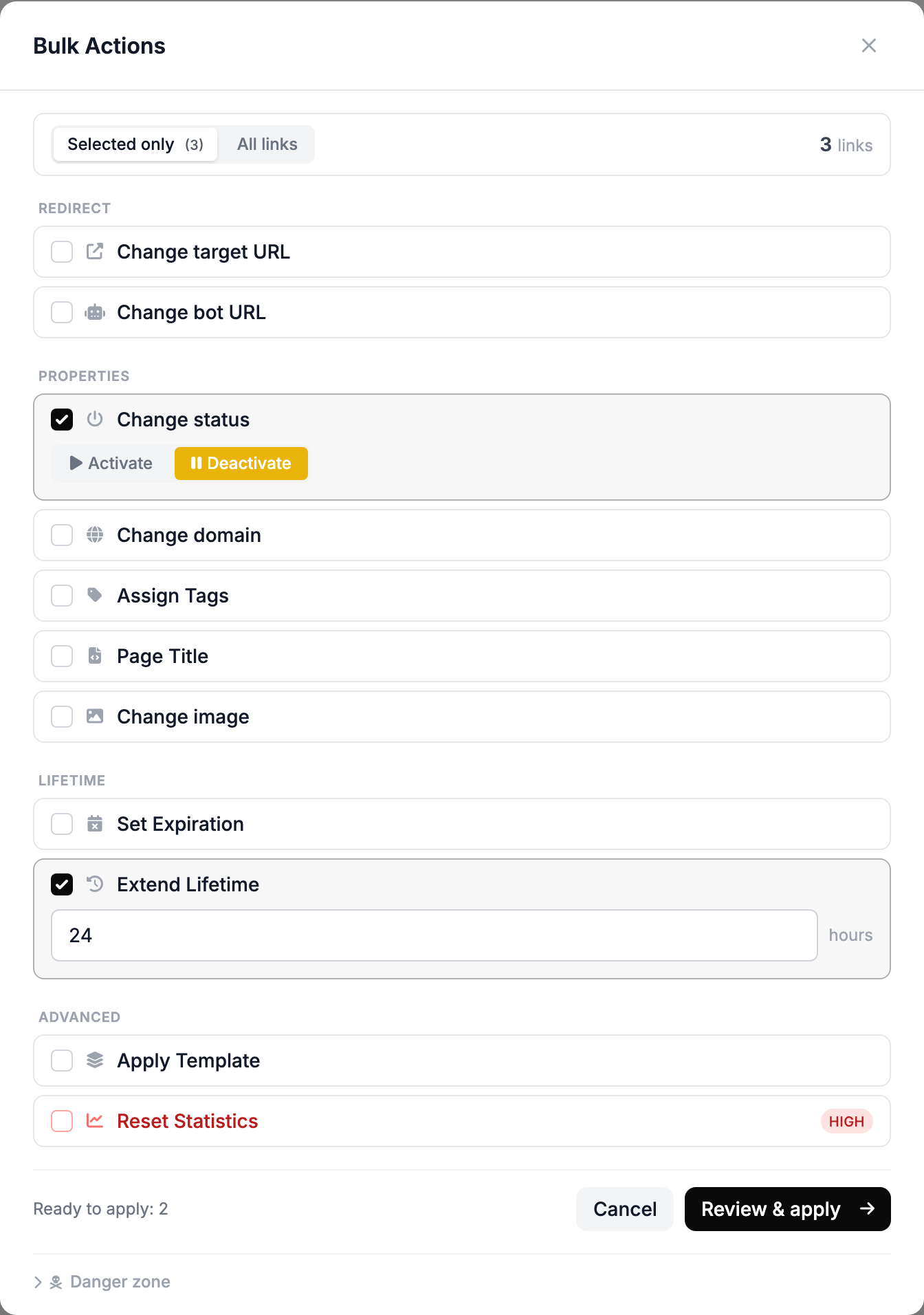The Bulk Actions window