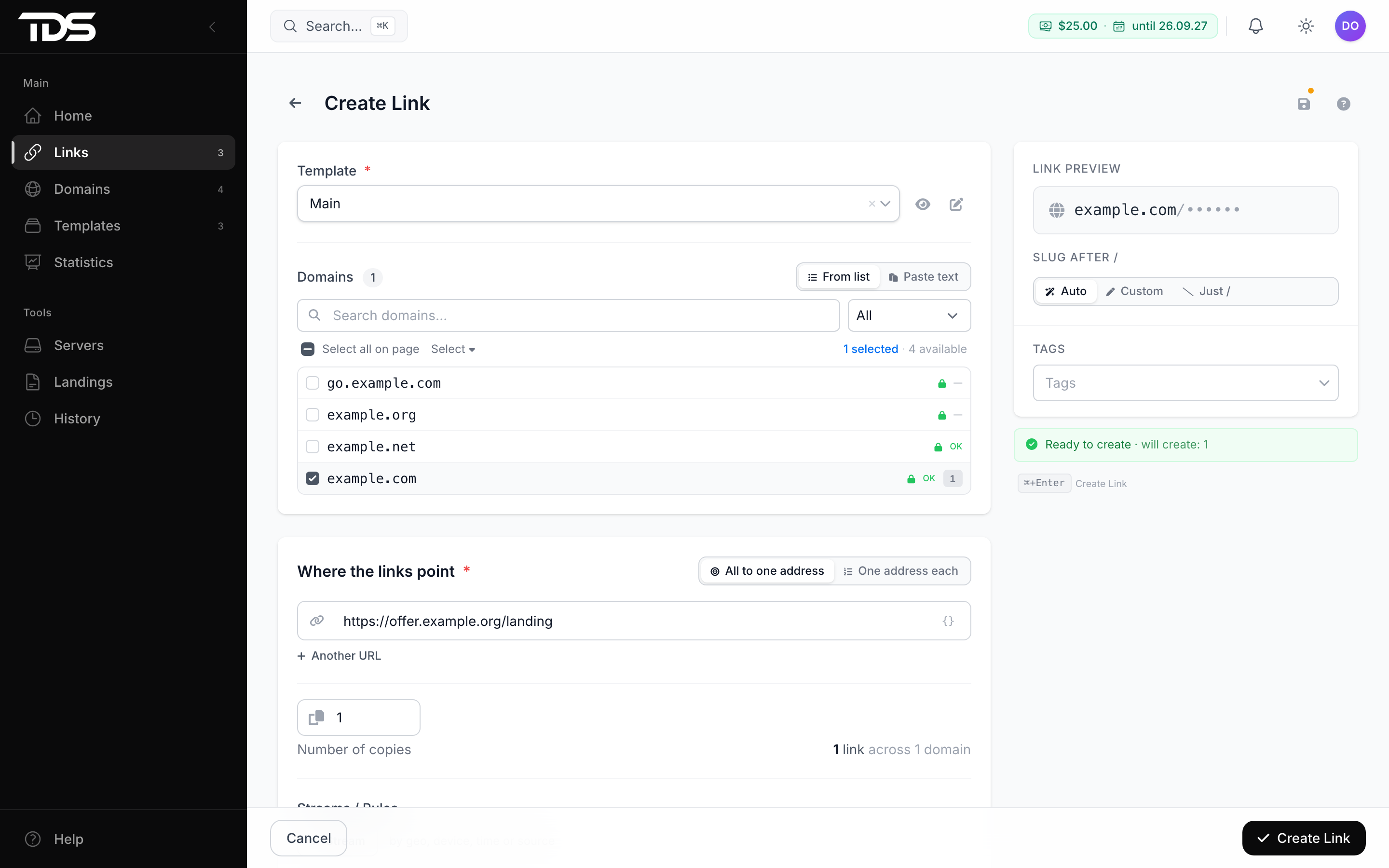 Link creation form