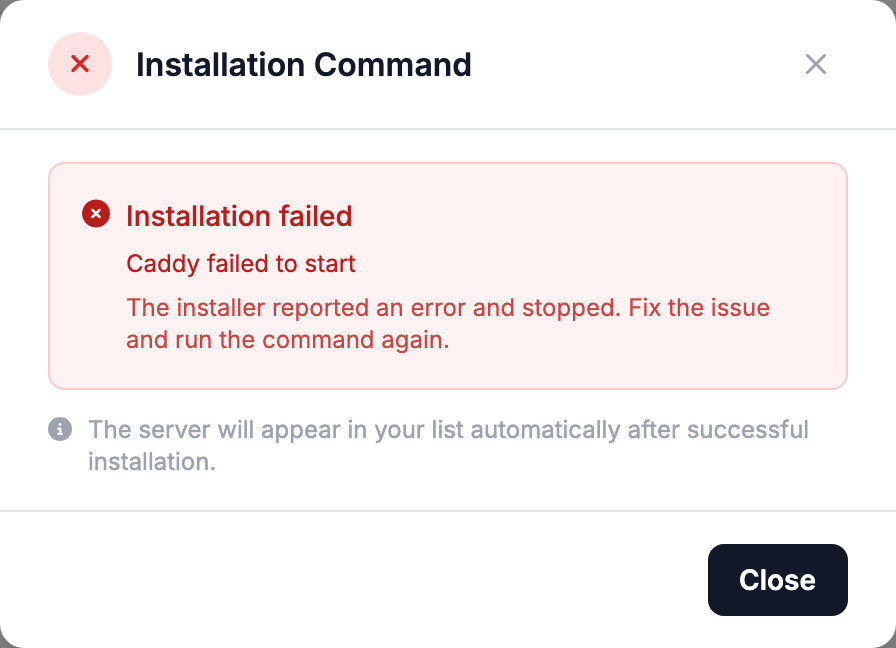 Installation window with an error