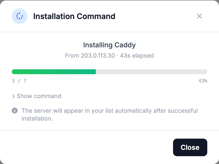 Installation progress in the dashboard window