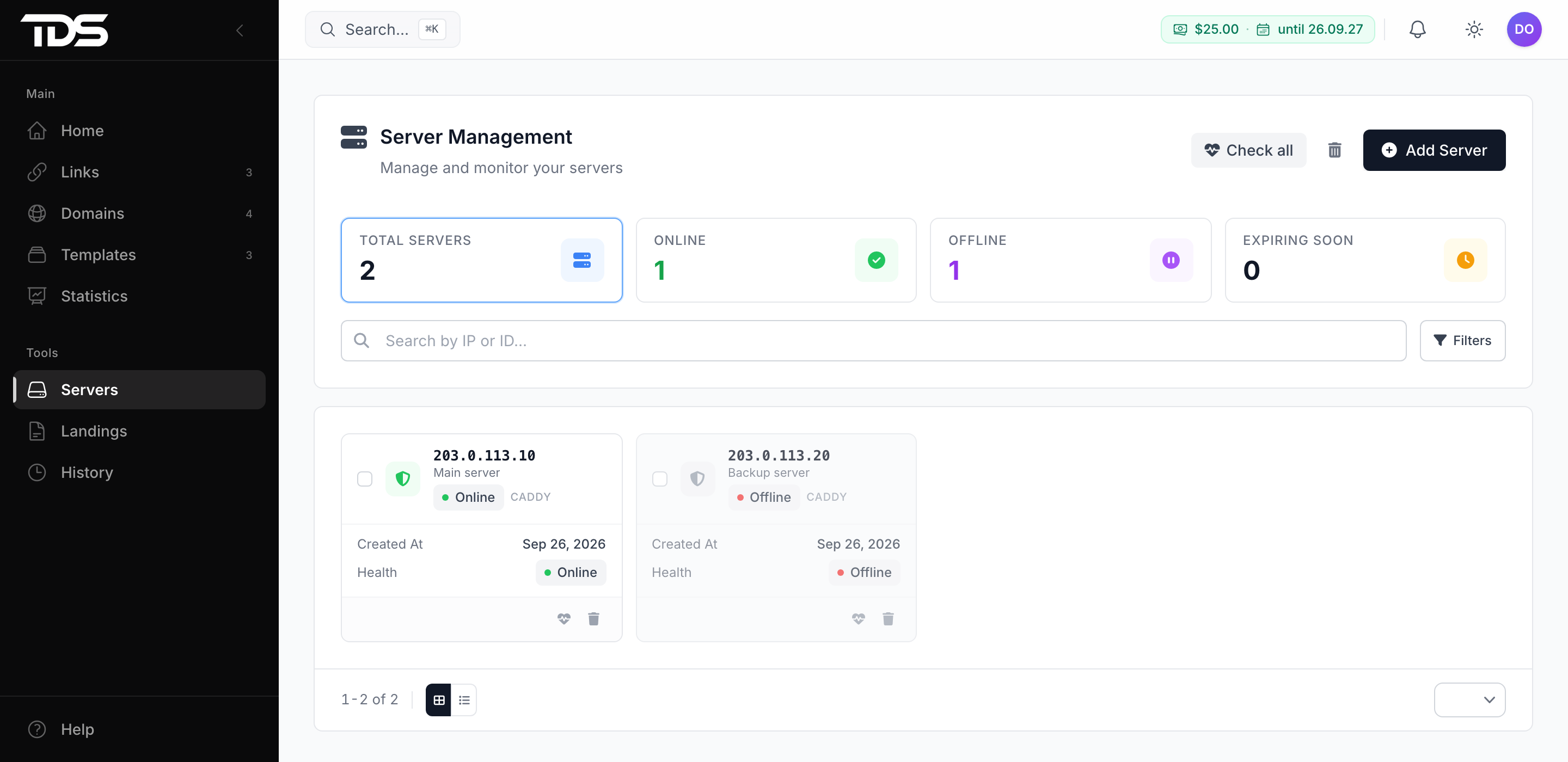Server in the list with the Online status