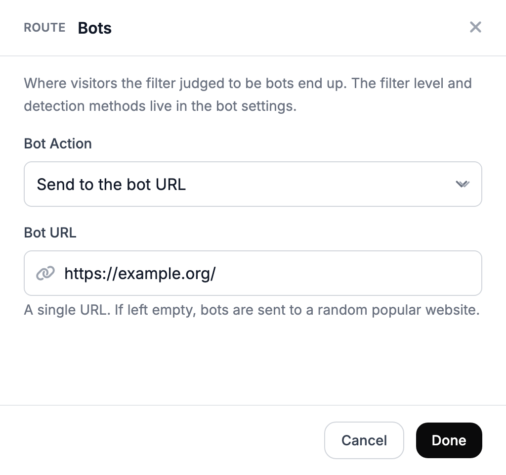 The Bots panel with a bot URL