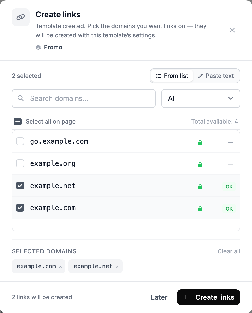 The Create links window: two domains ticked, 2 links will be created