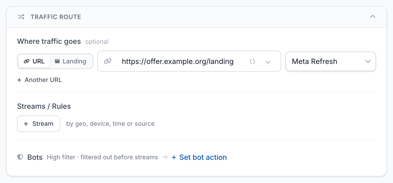The Traffic route block with a destination URL