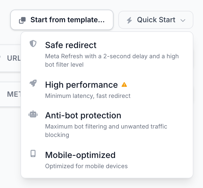 The Quick Start menu with ready-made options