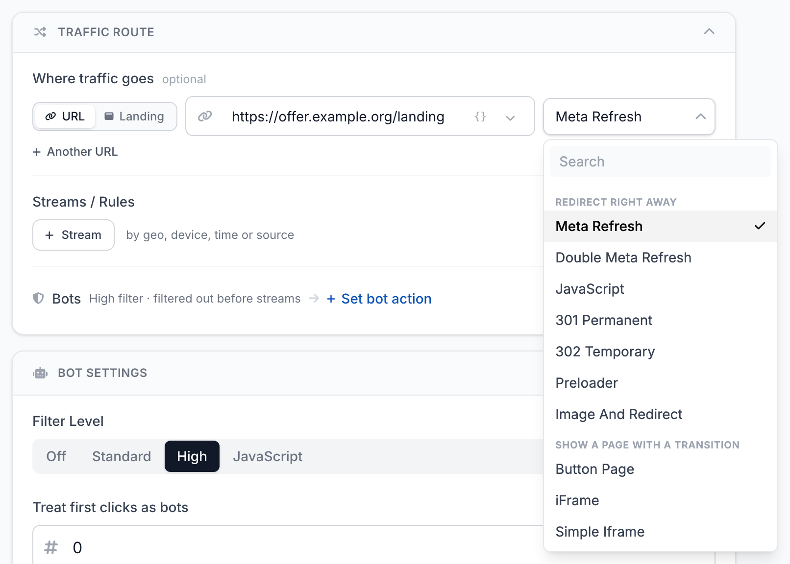 Choosing the redirect method in the Traffic route block