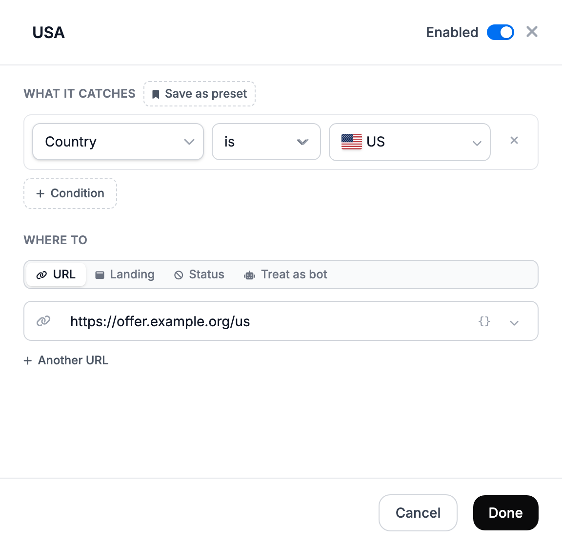 The US stream: condition Country is US and a destination URL