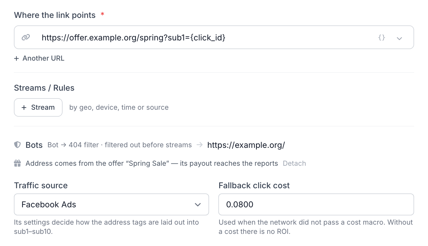 Offer, source and click cost in the link form